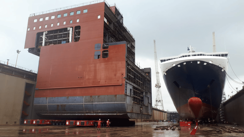 Large ship drydocking in a shipyard