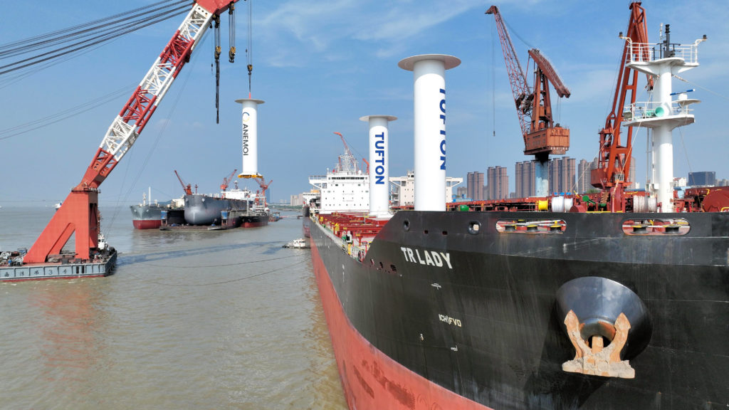 Anemoi retrofitted three 24m-tall Rotor Sails on board the 82,000dwt Kamsarmax bulk carrier TR Lady in Chengxi Shipyard in China
