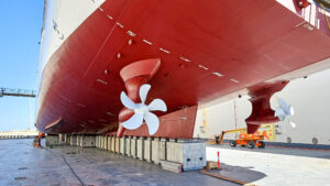 The 120-passenger vessel Coral Adventurer in drydock