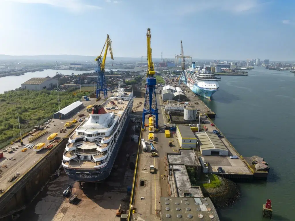 Cruise ship in drydock at Harland & Wolff